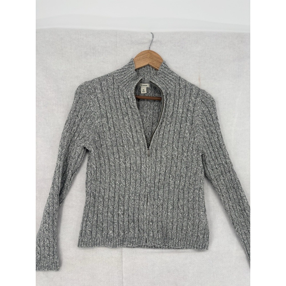 LL Bean Women's M Gray Heather Cable Knit Zip Up Cardigan Sweater Grandpacore